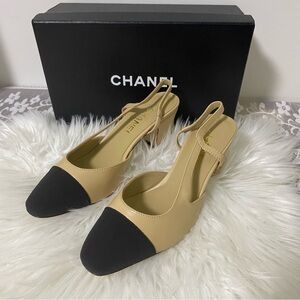 CHANEL Beige and Black Slingback Heels